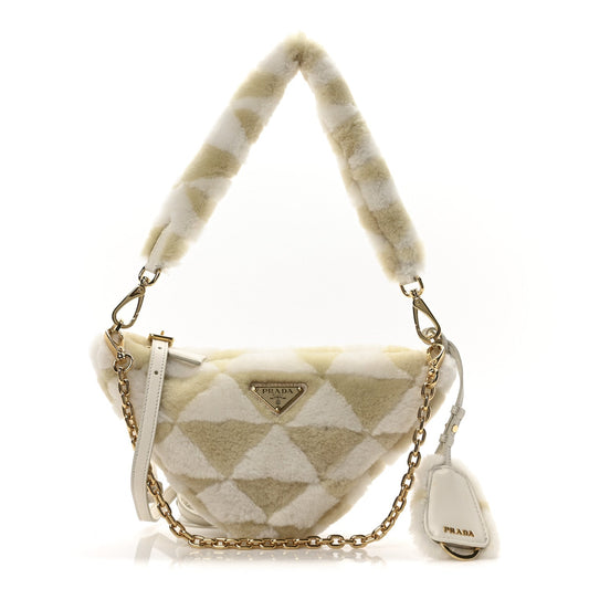 Prada Shearling Symbole Mini Triangle Bag Ecru White